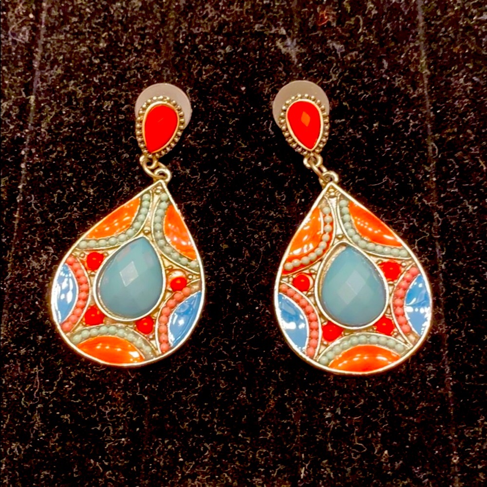 Vintage Coral & Blue Jeweled Earrings